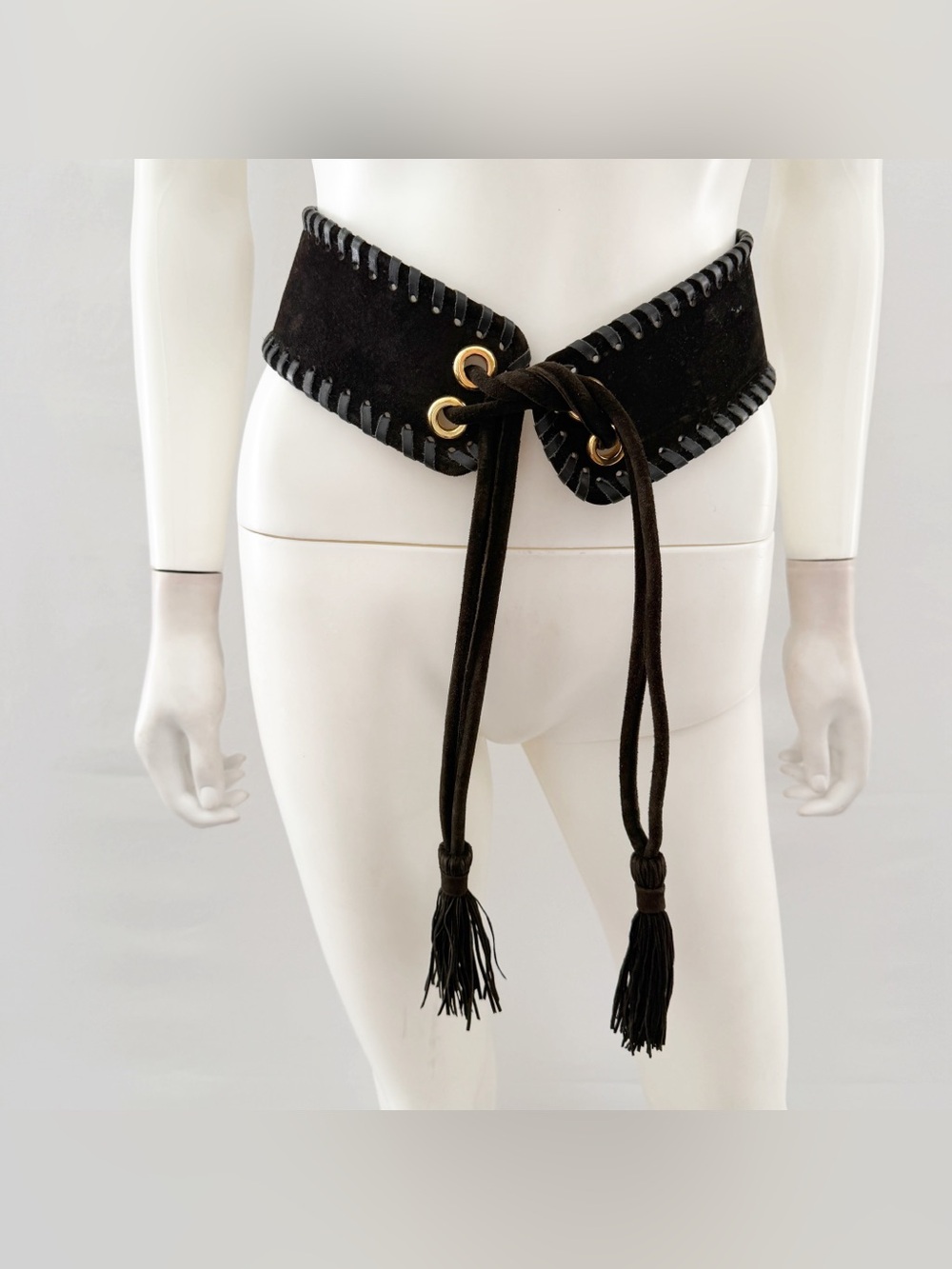 Vintage YSL Yves Saint Laurent Black Leather Tie Belt 70s Russian Collection L